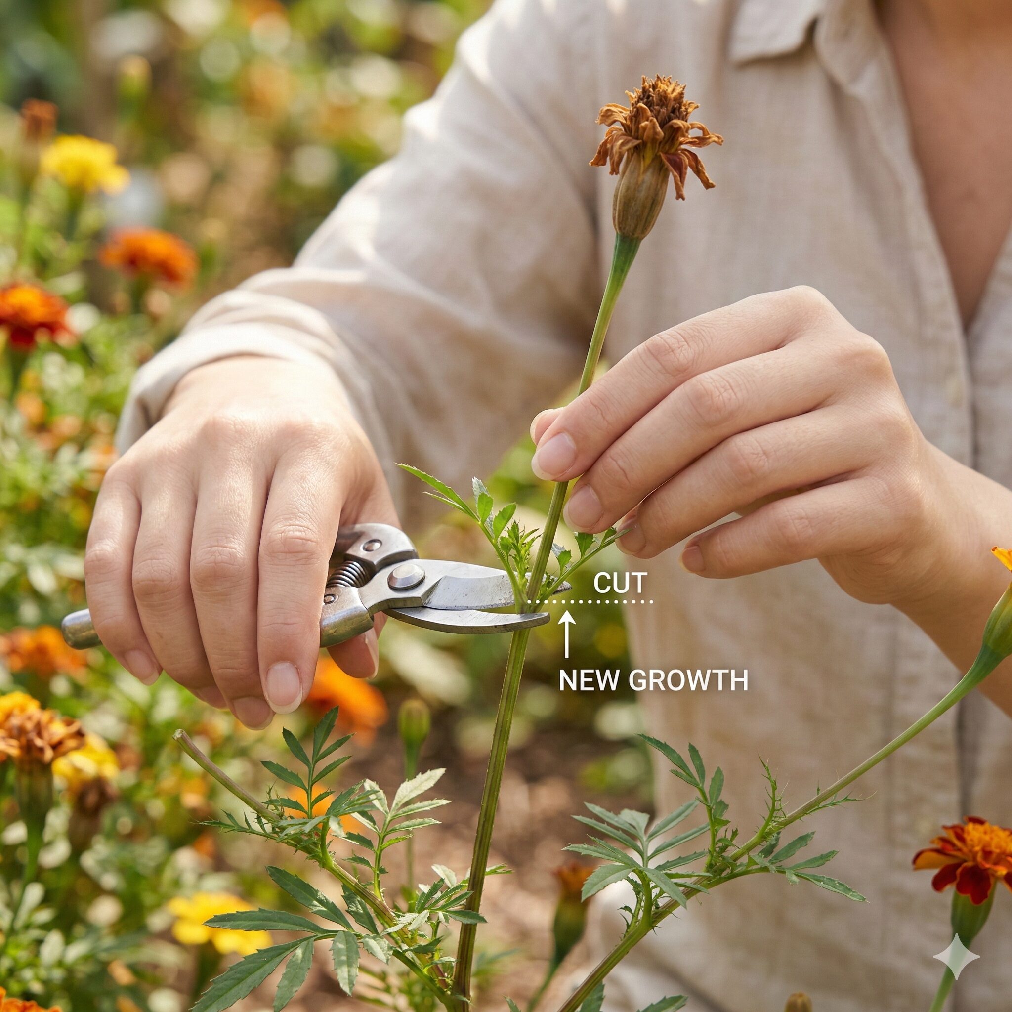 マリーゴールド 枯れた後2　マリーゴールドの花がら摘みでハサミを入れるべき適切な位置の接写図