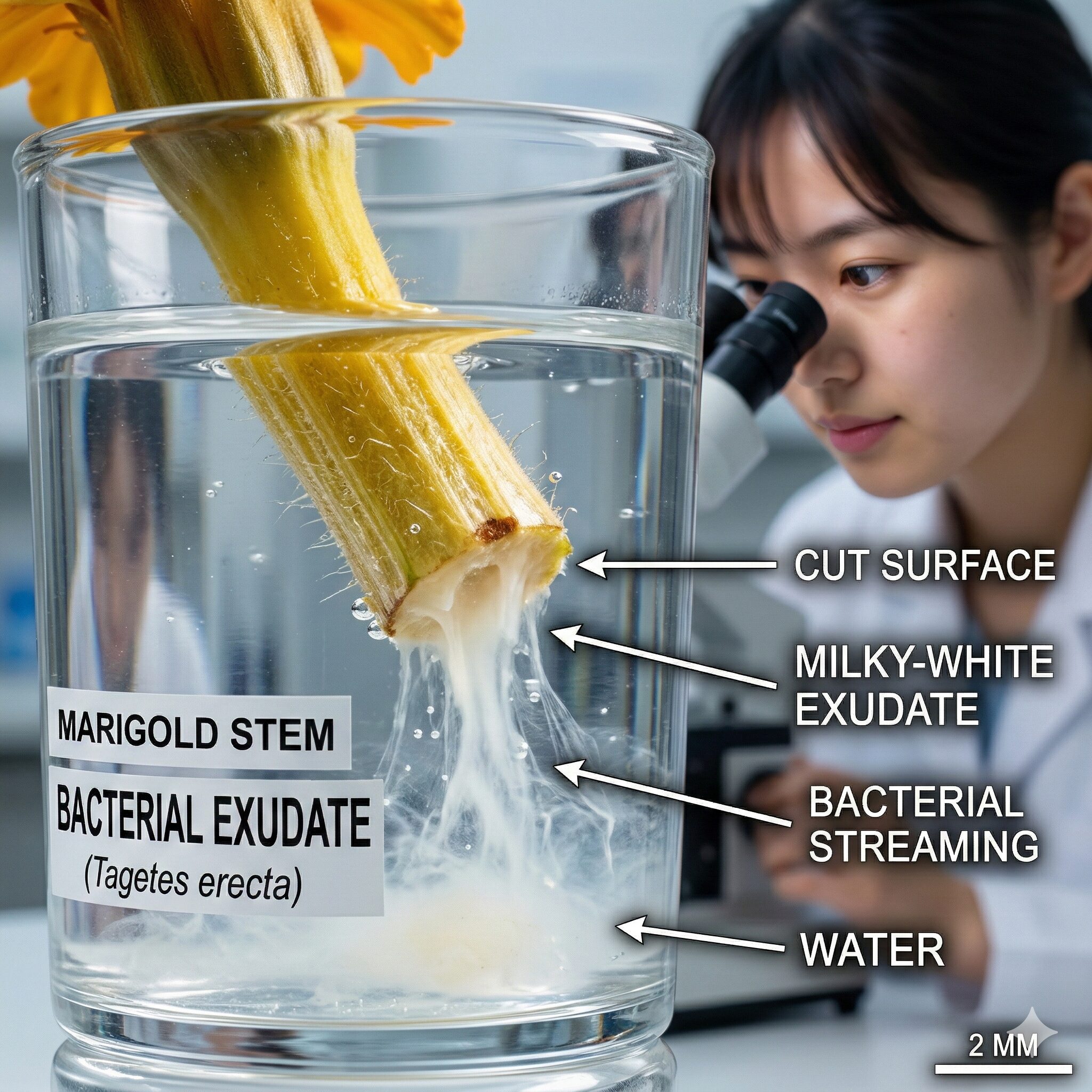 マリーゴールド 枯れた後4　青枯病の診断テストでマリーゴールドの茎から白い細菌が糸を引く様子