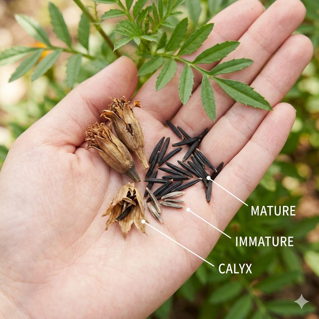 マリーゴールド 枯れた後6　乾燥したガクから採取したマリーゴールドの黒く熟した種の接写