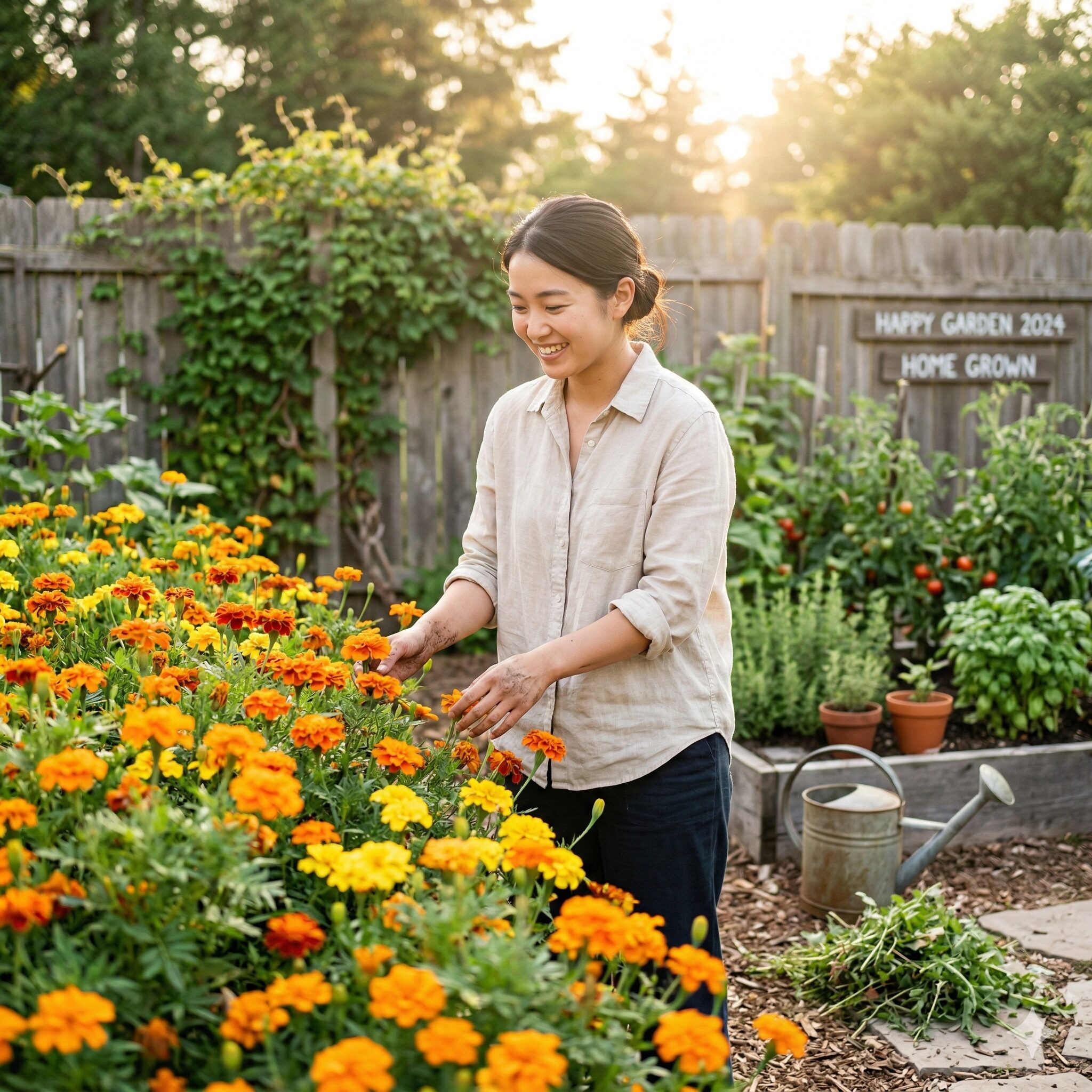 マリーゴールド 育て方 冬越し1　庭で満開に咲くオレンジと黄色のマリーゴールドの花。育て方と冬越しの基本イメージ。
