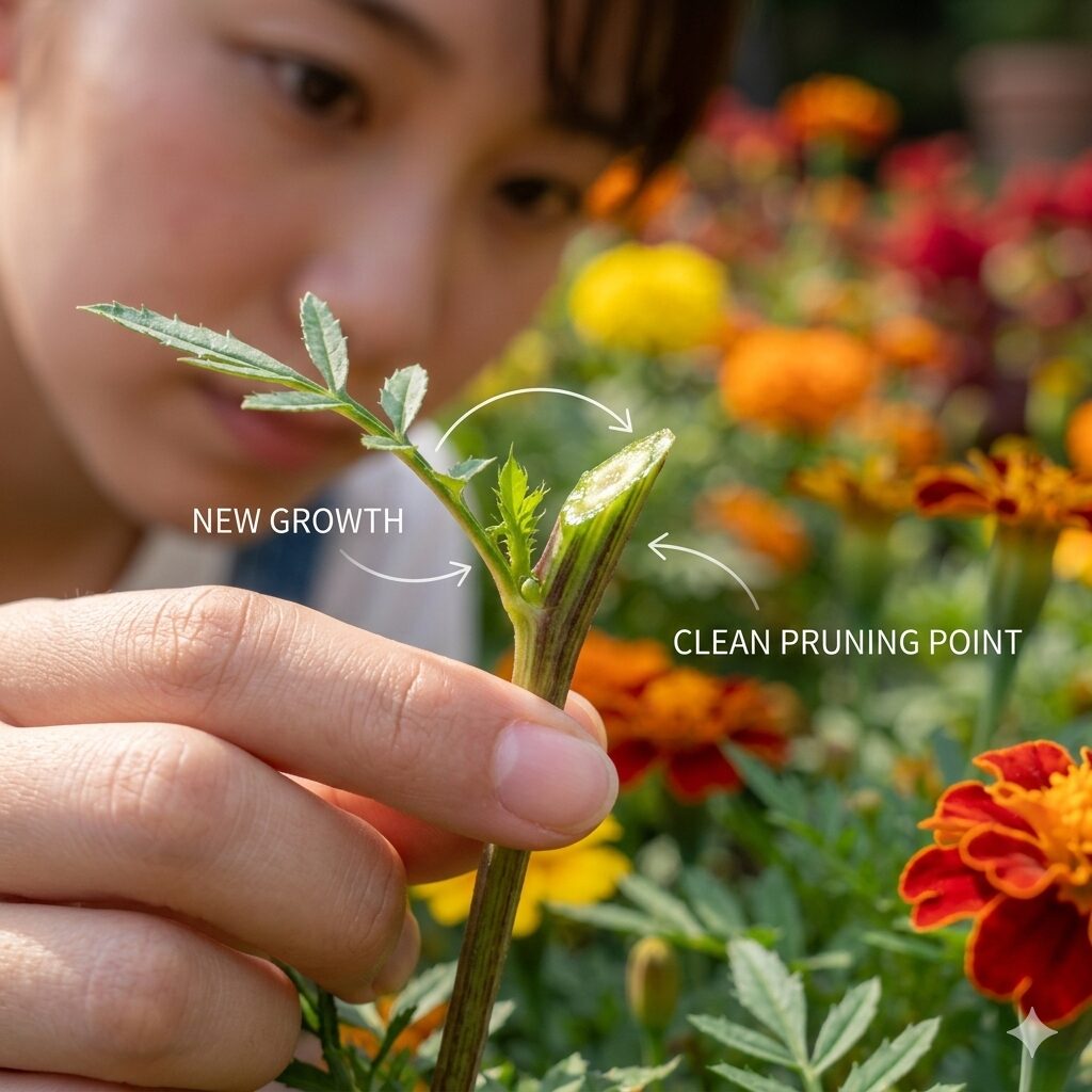 マリーゴールド 育て方 冬越し4 マリーゴールドの茎の節のすぐ上で適切にカットされた清潔な切り口のアップ写真。