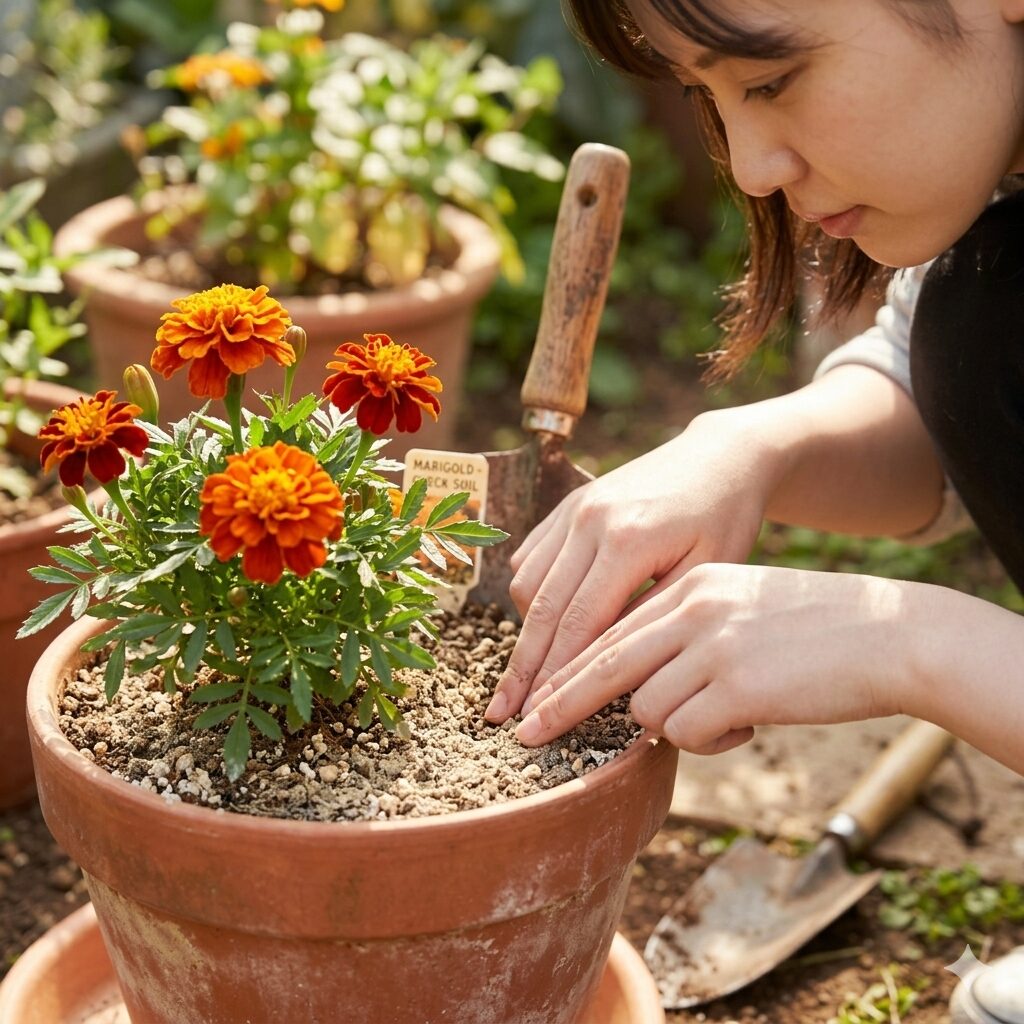マリーゴールド 育て方 冬越し5 冬のマリーゴールドの土を指で触り、乾燥具合を確認して水やりのタイミングを図る様子。