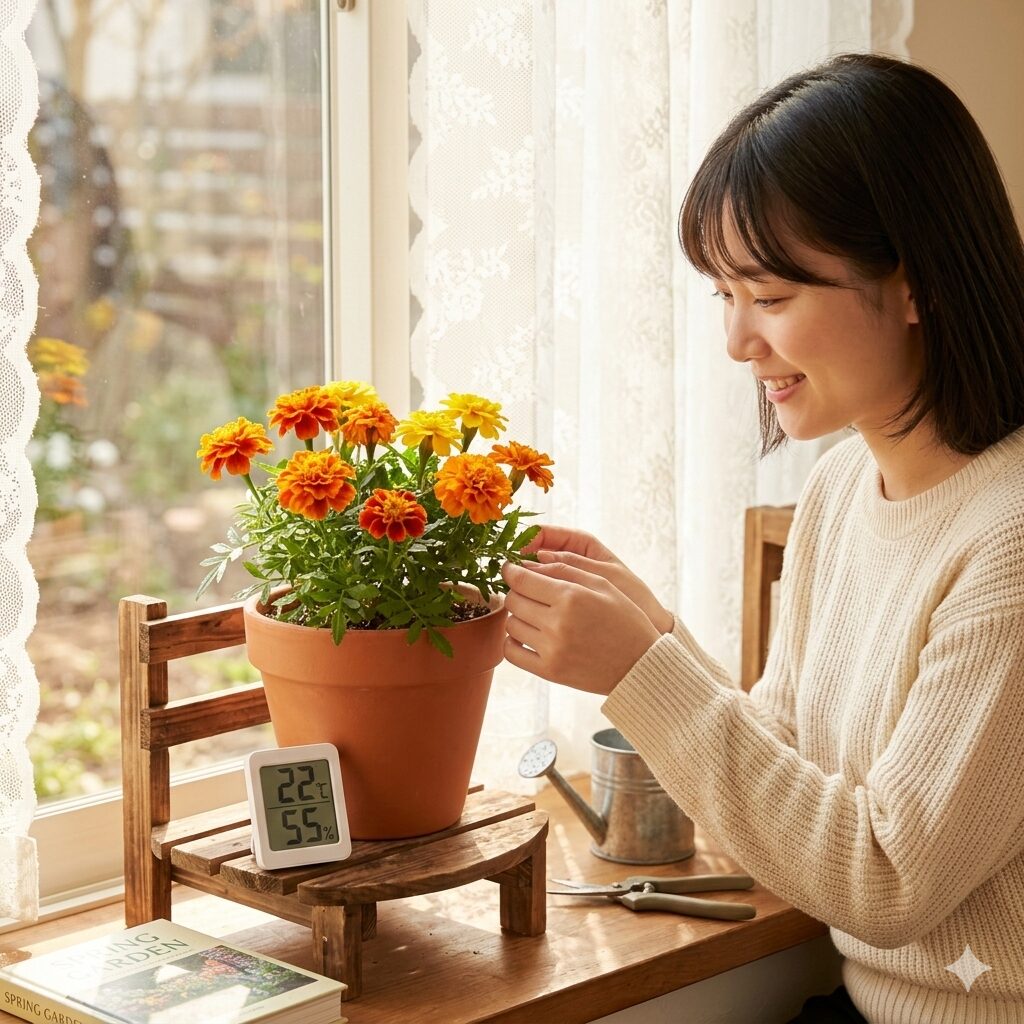 マリーゴールド 育て方 冬越し6 冬の間、室内の明るい窓際でフラワースタンドに乗せて日当たりを確保するマリーゴールド。