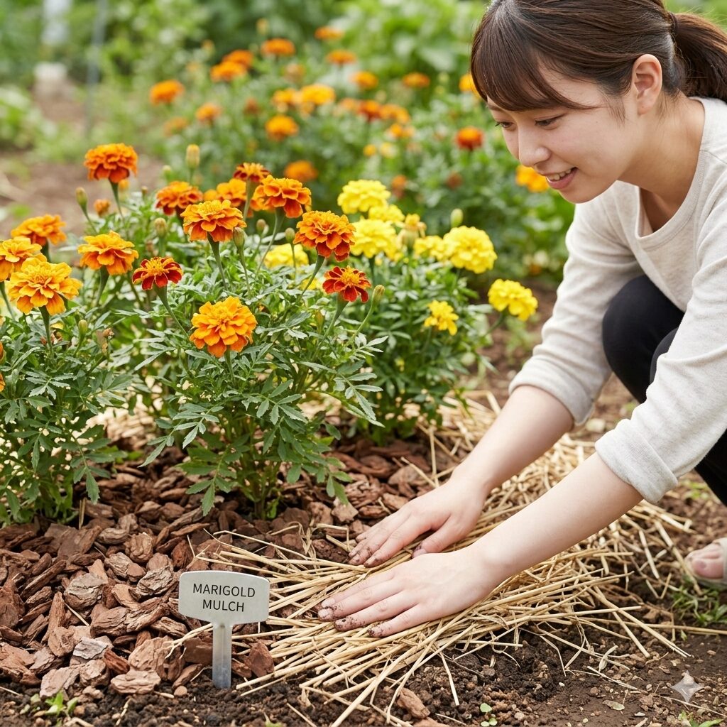 マリーゴールド 育て方 冬越し7 マリーゴールドの株元にバークチップと藁を敷き、根を寒さから守るマルチング対策の例。