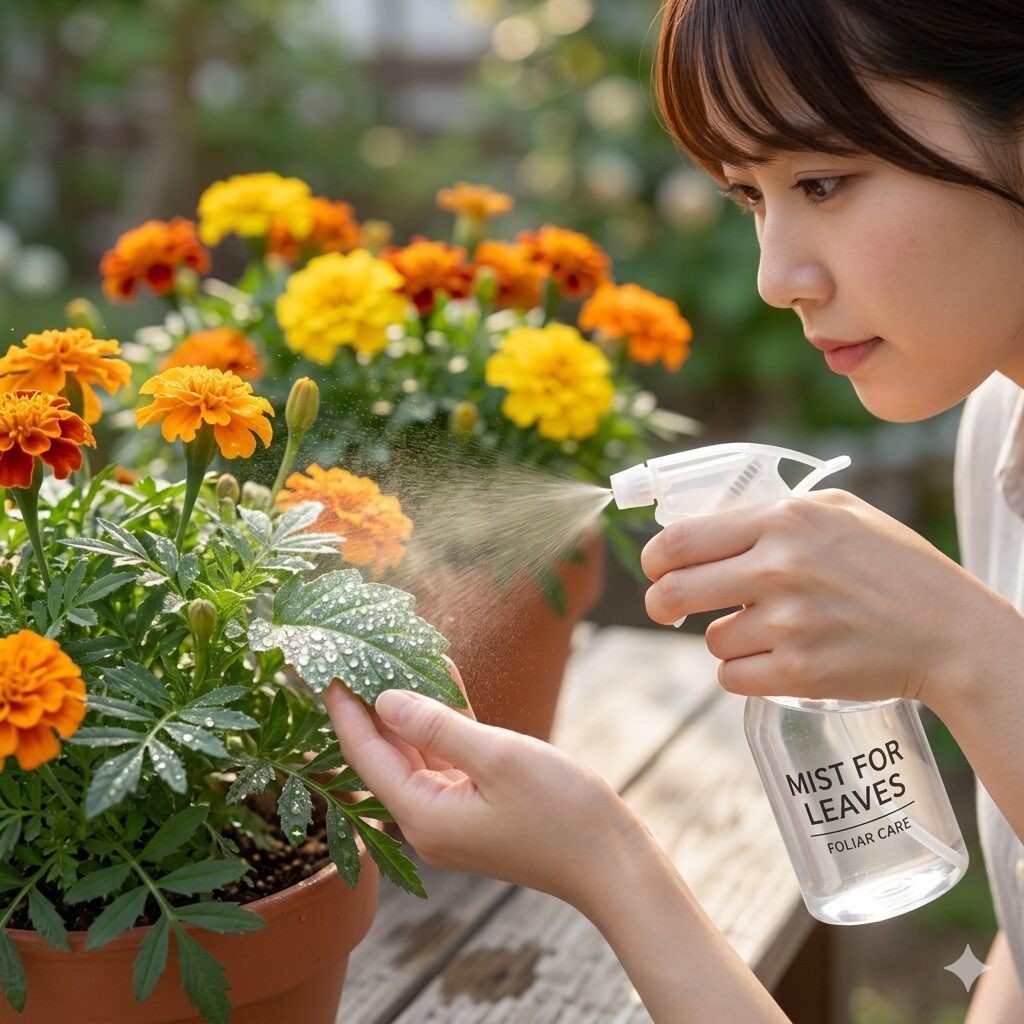 マリーゴールド 育て方 冬越し8 マリーゴールドの葉の裏にスプレーで霧吹きをし、害虫ハダニの発生を予防する葉水作業。