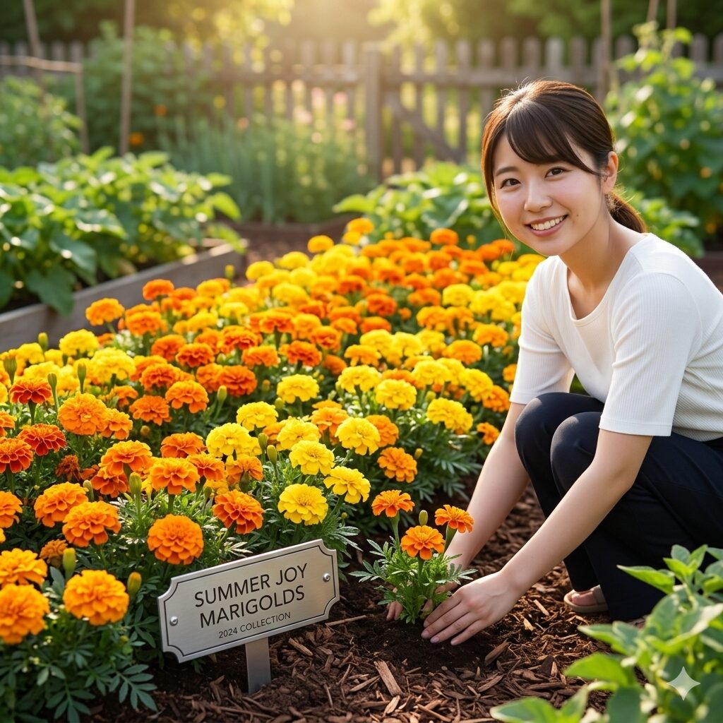 マリーゴールド 虫に食べられる1　庭で元気に咲き誇るオレンジ色のマリーゴールドの花壇