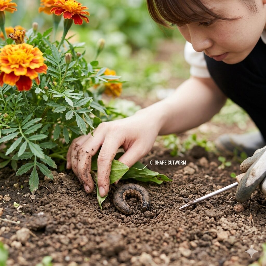 マリーゴールド 虫に食べられる2 マリーゴールドの株元の土の中に潜むヨトウムシの幼虫