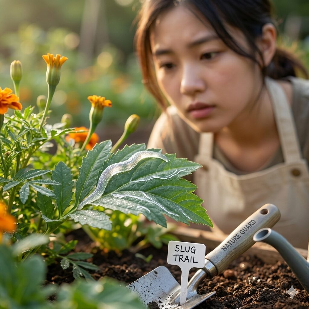 マリーゴールド 虫に食べられる ナメクジが通った後にマリーゴールドの葉に残ったキラキラ光る粘液の跡