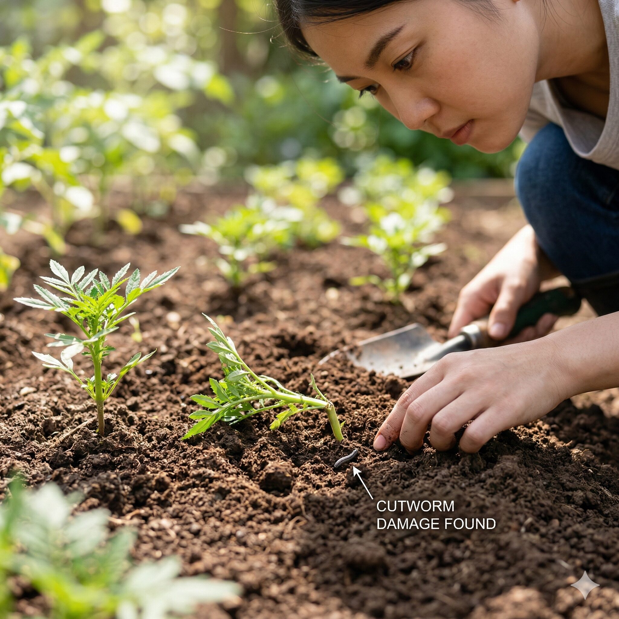マリーゴールド 虫に食べられる4 ネキリムシによって茎の根元から切り倒されたマリーゴールドの苗