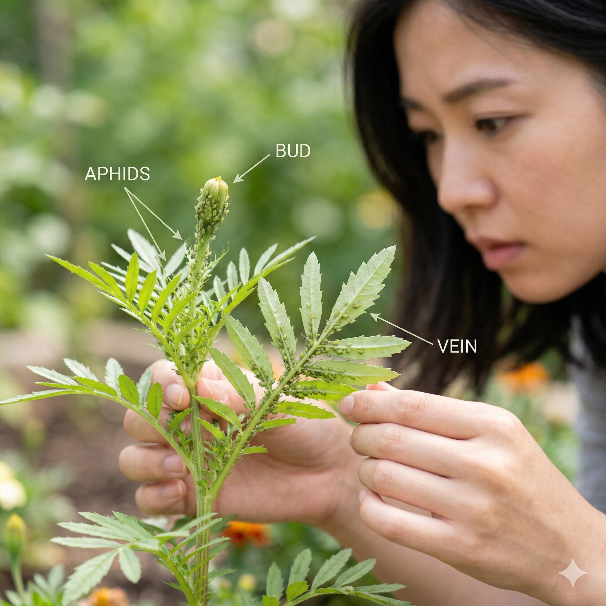 マリーゴールド 虫に食べられる5 マリーゴールドの新芽に寄生するアブラムシの接写