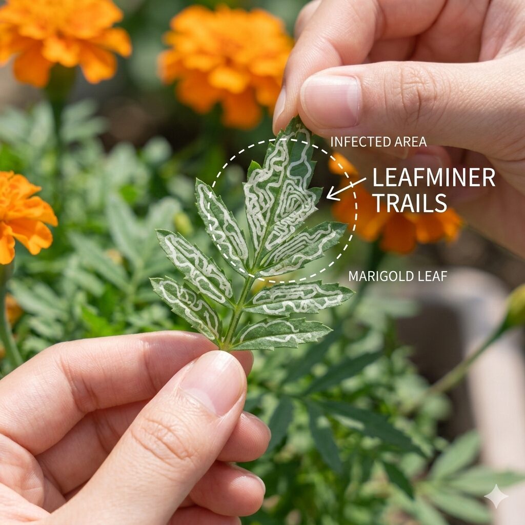 マリーゴールド 虫に食べられる6 マリーゴールドの葉に現れたハモグリバエ(エカキムシ)の食害跡