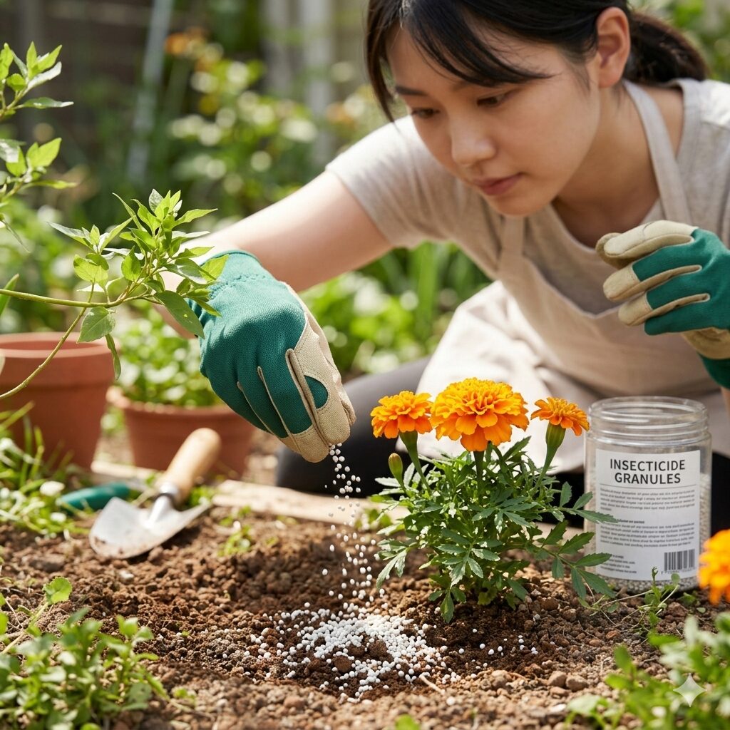 マリーゴールド 虫に食べられる7 マリーゴールドの害虫予防のために株元へオルトラン粒剤を散布する様子