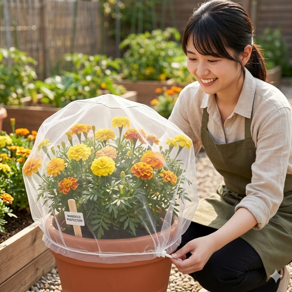 マリーゴールド 虫に食べられる8 害虫の産卵を防ぐためにマリーゴールドを保護する防虫ネット