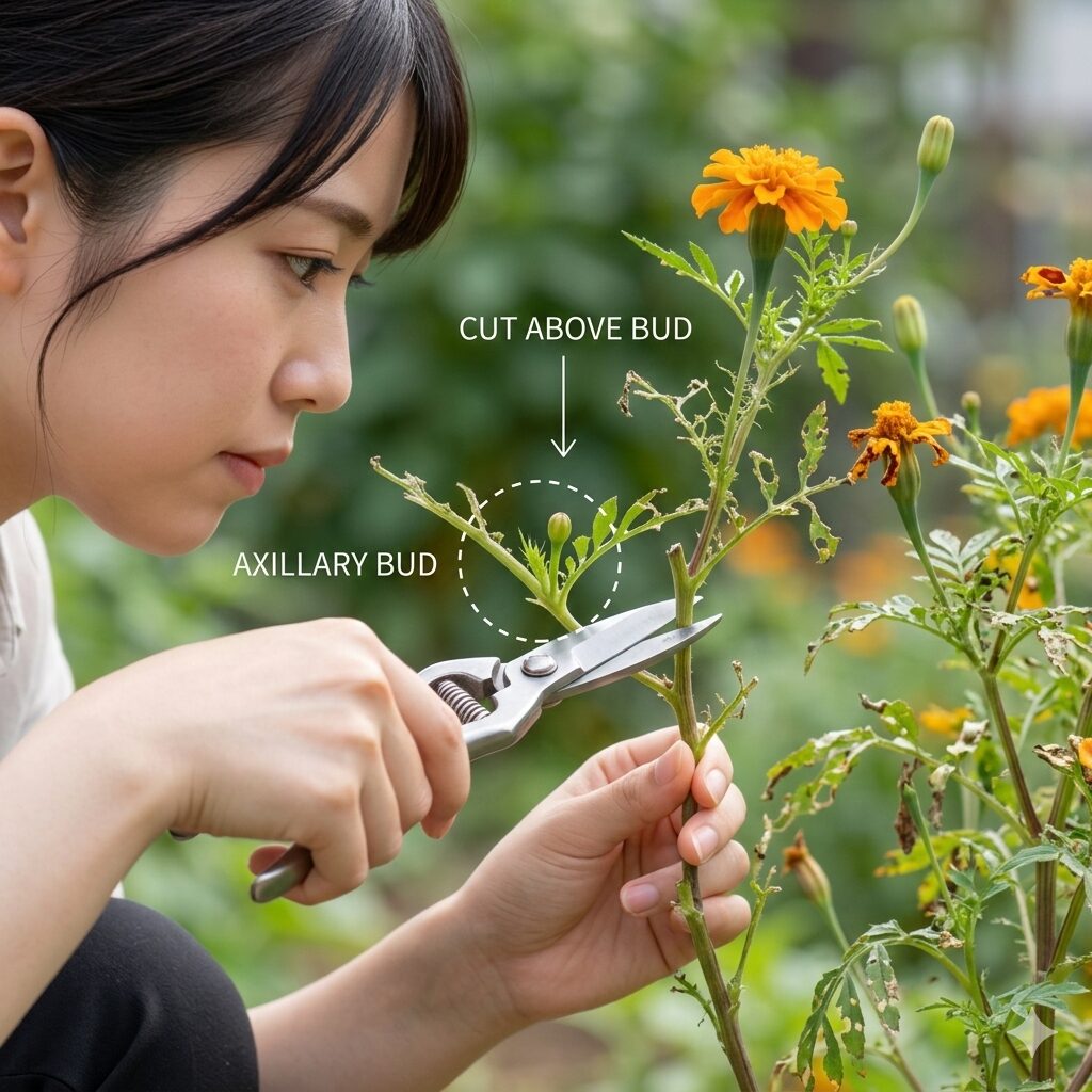 マリーゴールド 虫に食べられる9 マリーゴールドの再生を促すための切り戻し(ピンチ)作業