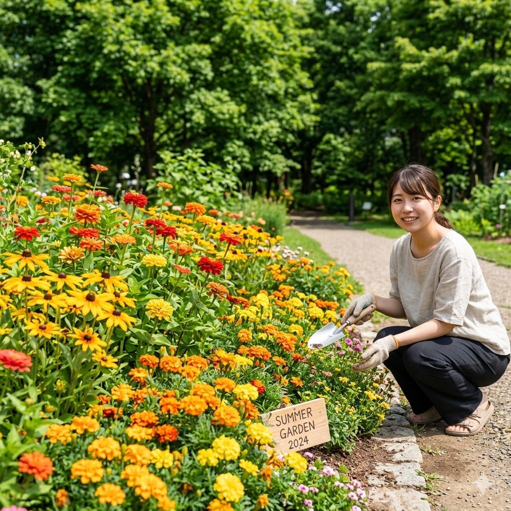 マリーゴールドに似た花1　マリーゴールドに似た花々が咲き誇る、明るく華やかな夏の庭の景観