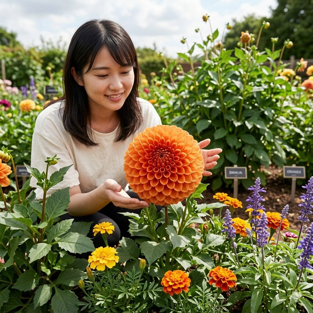 マリーゴールドに似た花4　豪華なボリューム感を持つオレンジ色のポンポン咲きダリア