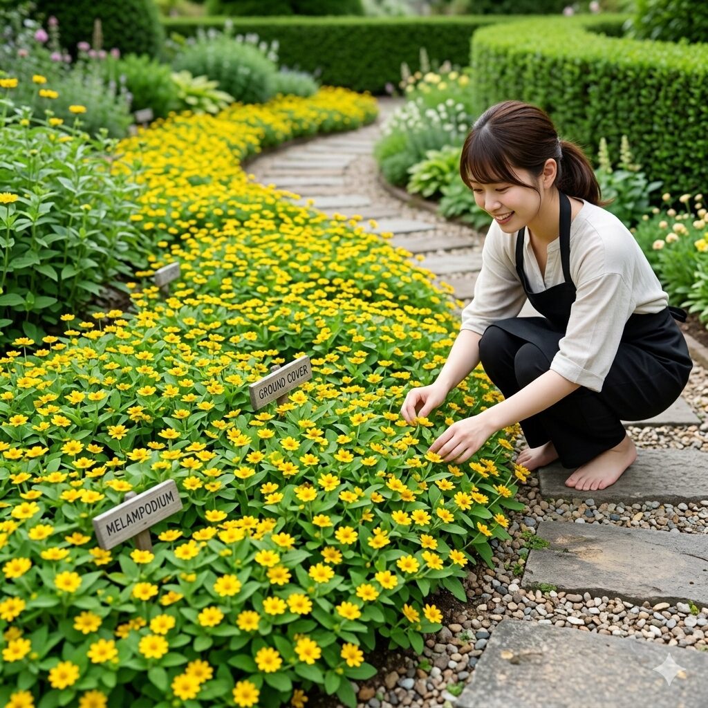 マリーゴールドに似た花5　夏の庭でグランドカバーとして広がる、黄色い小花のメランポジウム