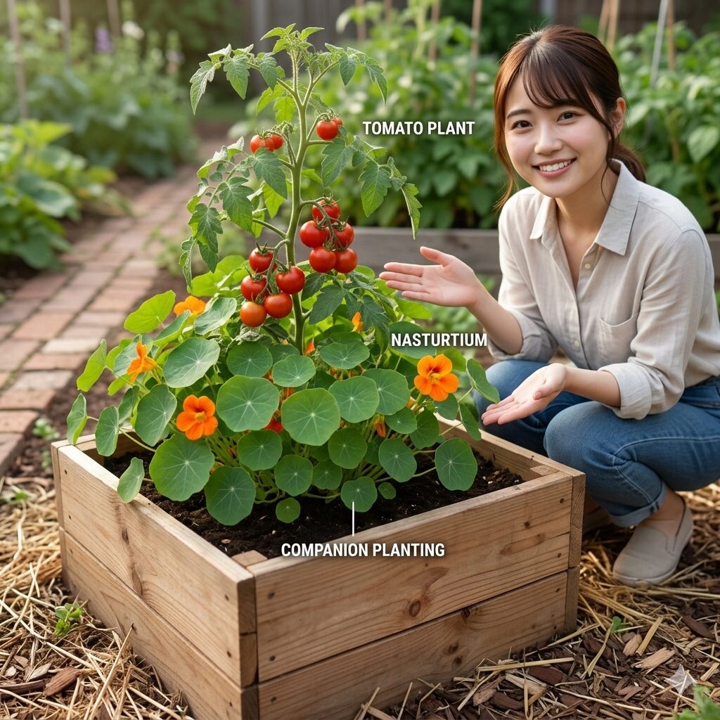 マリーゴールドに似た花9　トマトのコンパニオンプランツとして植えられたナスタチウム（金蓮花）