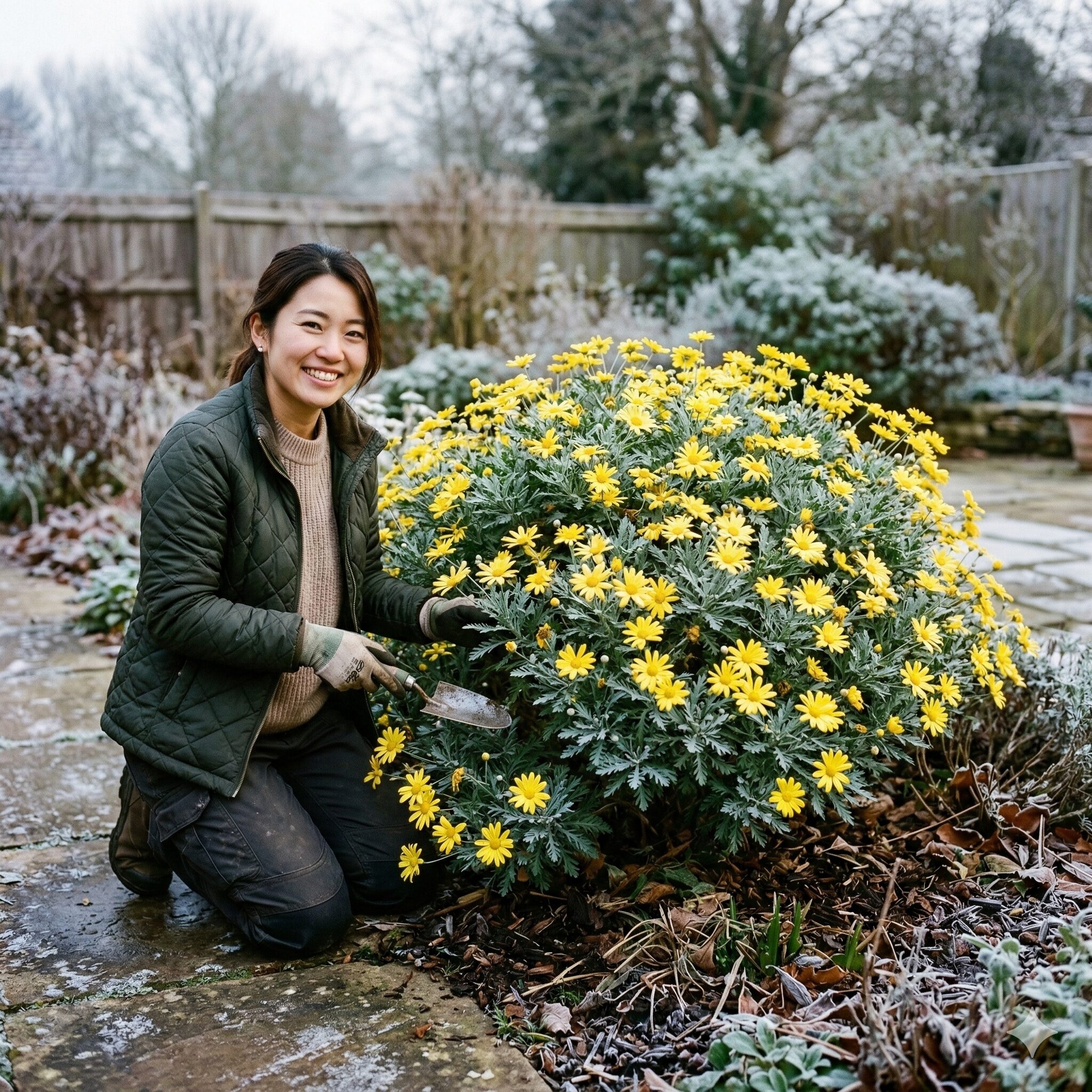 ユリオプスデージー 冬越し1　冬の庭で鮮やかに開花するユリオプスデージーの全体像。黄色い花とシルバーグリーンの葉が美しい。