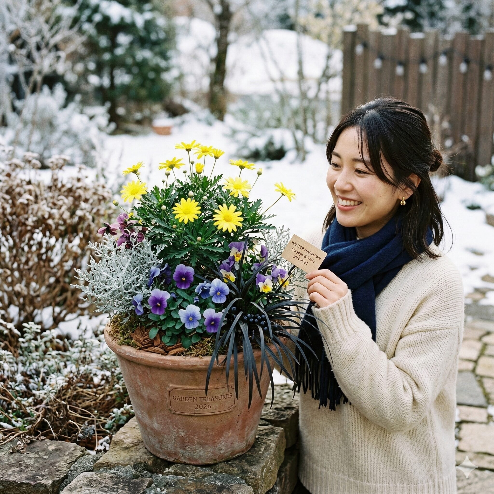 ユリオプスデージー 冬越し10　ユリオプスデージーとビオラやコクリュウを組み合わせたオシャレな冬の寄せ植え。