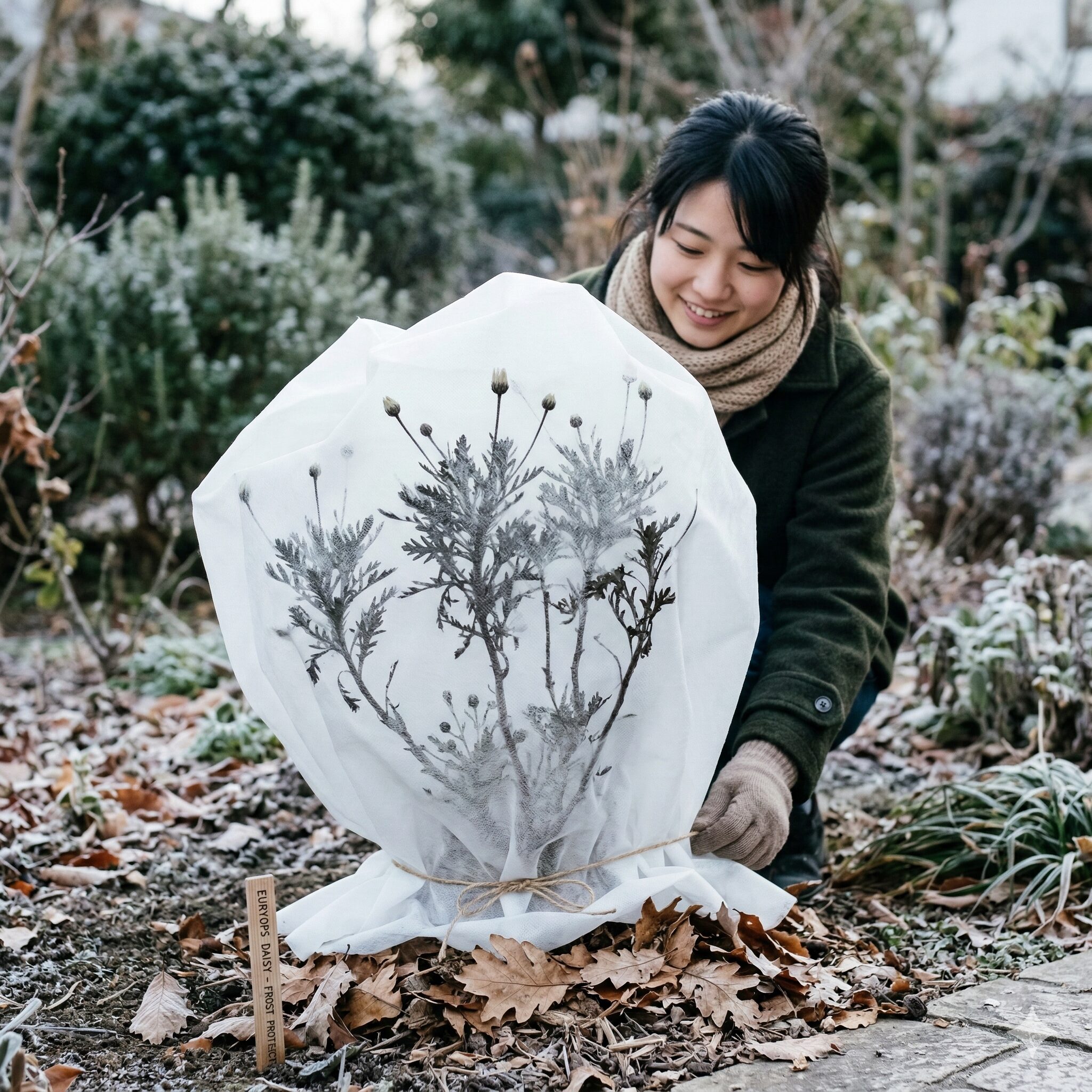 ユリオプスデージー 冬越し2　霜対策として園芸用不織布で保護されたユリオプスデージーの株。寒冷紗による防寒。