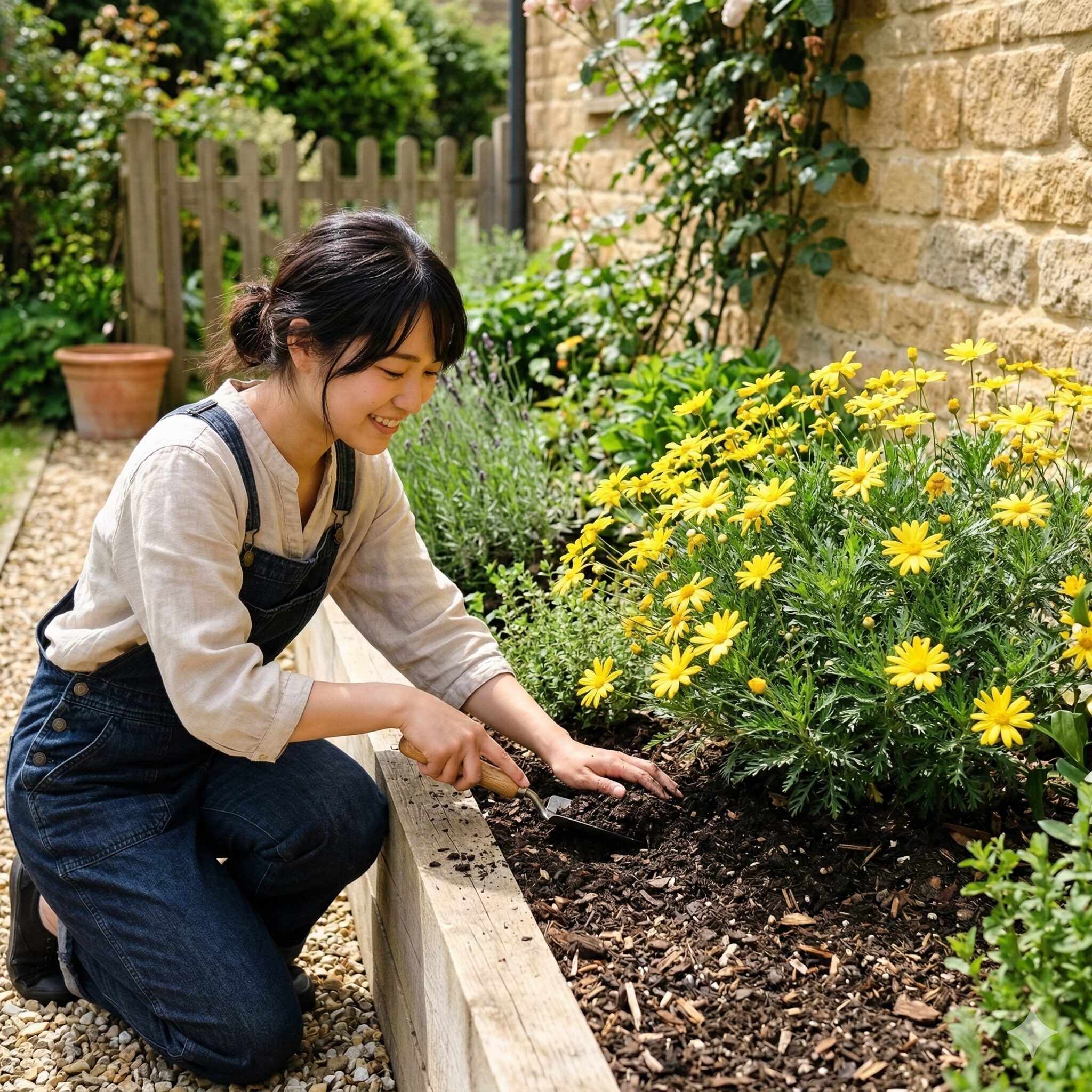 ユリオプスデージー 冬越し3　日当たりの良いレイズドベッドに地植えされたユリオプスデージー。冬の水はけ対策。