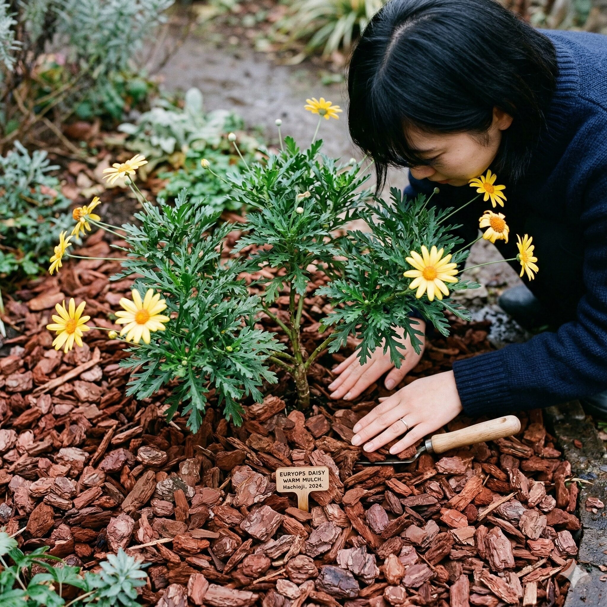 ユリオプスデージー 冬越し4　根の凍結を防ぐためにバークチップでマルチングされたユリオプスデージーの株元。