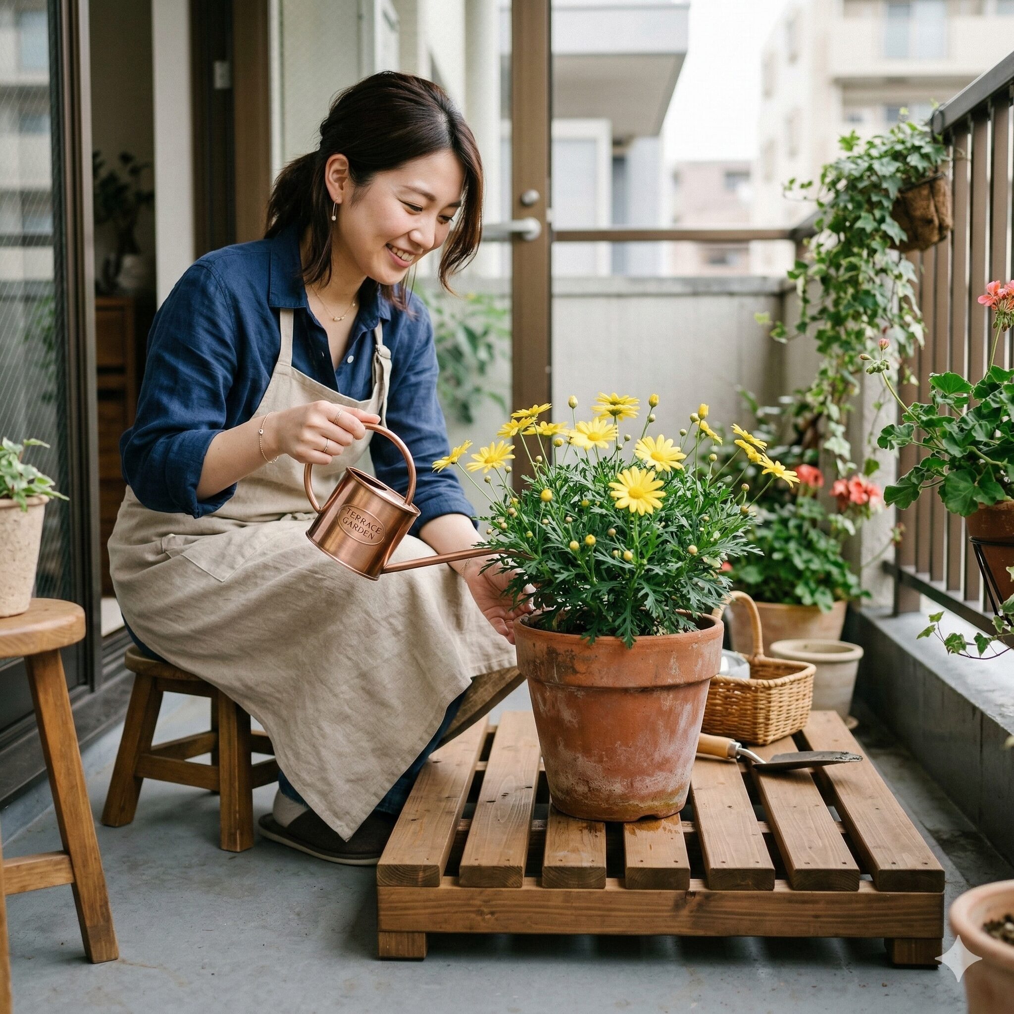 ユリオプスデージー 冬越し5　底冷え対策でスノコの上に置かれたユリオプスデージーの鉢植え。寒さ対策の置き場所。