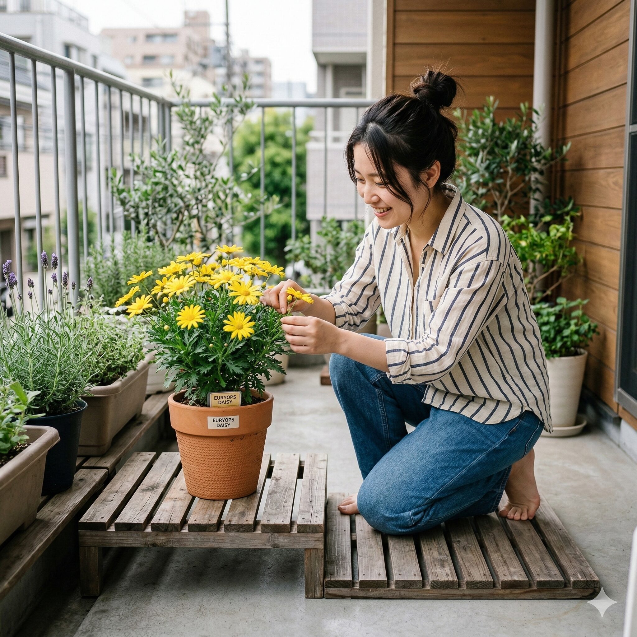 ユリオプスデージー 冬越し6　葉を濡らさないように株元の土へ優しく水やりをする様子。冬の根腐れ防止テクニック。