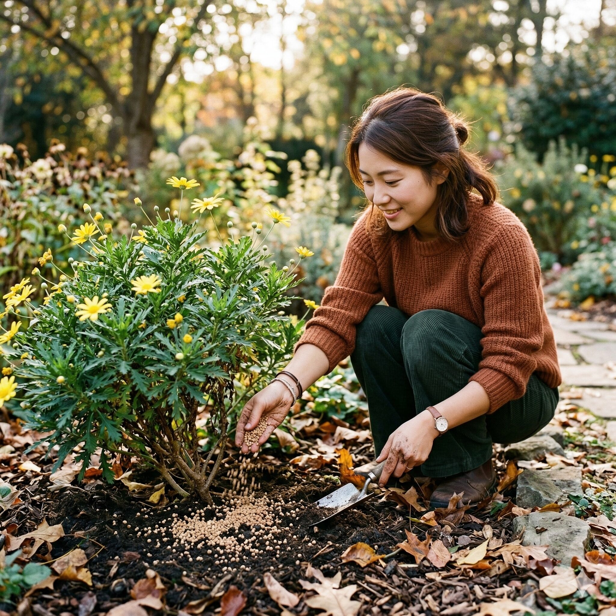 ユリオプスデージー 冬越し7　冬越しの体力をつけるために秋に緩効性肥料を与える様子。