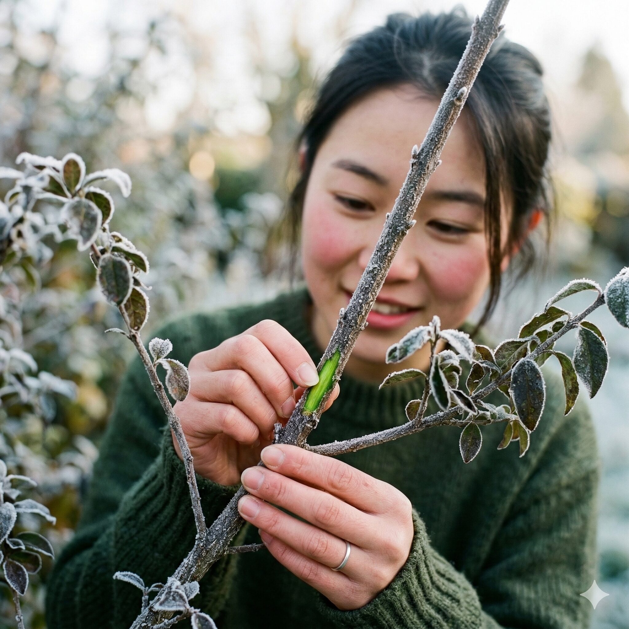 ユリオプスデージー 冬越し8　葉が黒くなった株の生存確認。茎の内部が緑色であることをチェック。