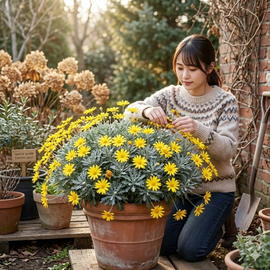 ユリオプスデージー 強剪定時期　冬の庭で鮮やかな黄色の花を咲かせた、シルバーリーフが美しい健康的なユリオプスデージー