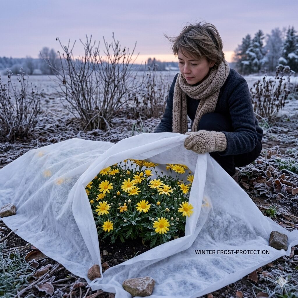 ユリオプスデージー 強剪定時期10　冬の寒波や霜からユリオプスデージーの花芽を守る不織布による防寒対策