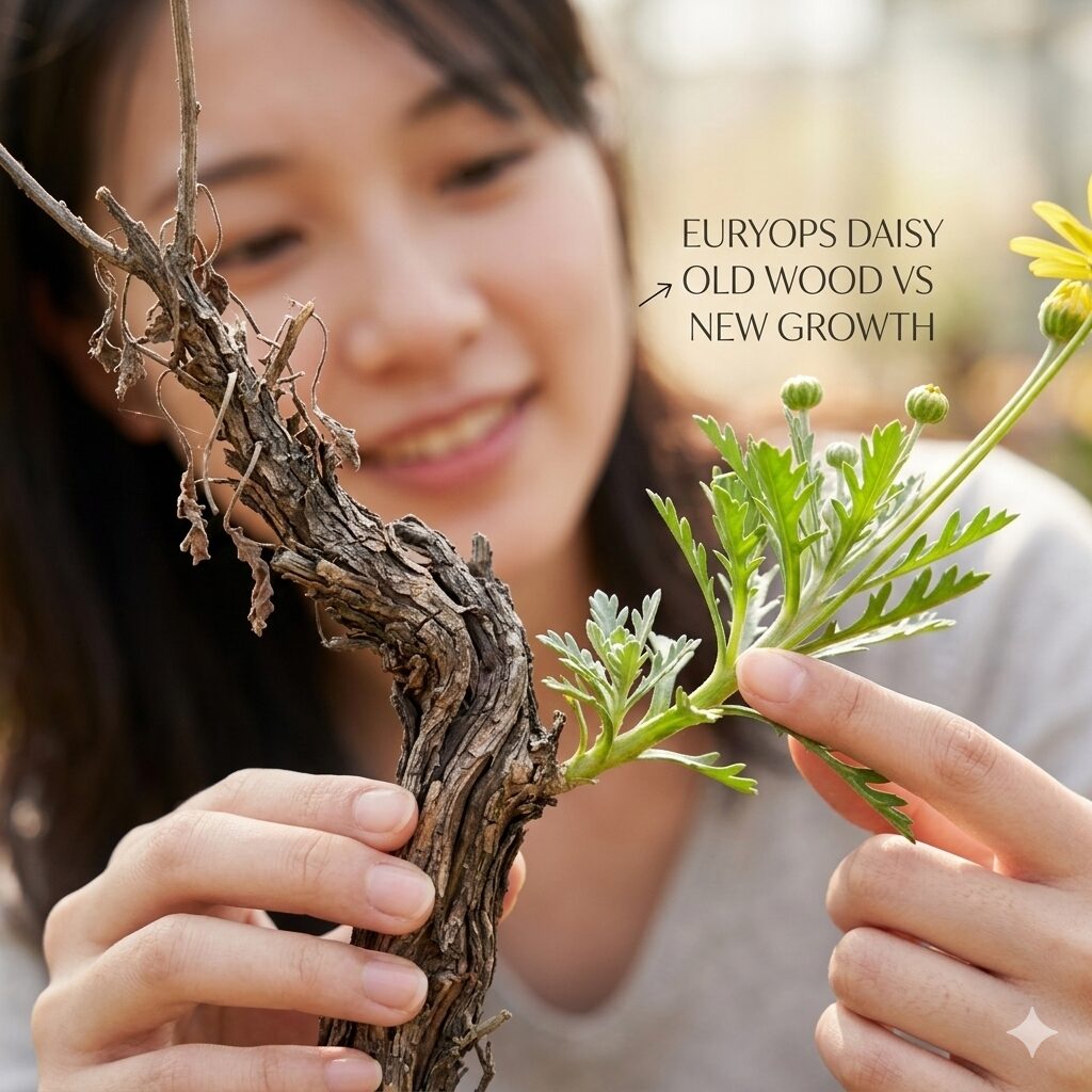 ユリオプスデージー 強剪定時期2　ユリオプスデージーの根元付近が茶色くゴツゴツと木質化した茎のクローズアップ