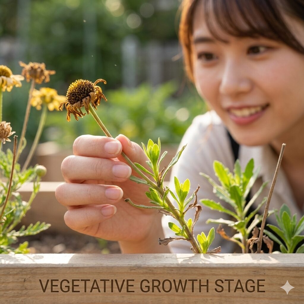 ユリオプスデージー 強剪定時期3　強剪定に最適な5月下旬、ユリオプスデージーの節から芽吹き始めた元気な新芽