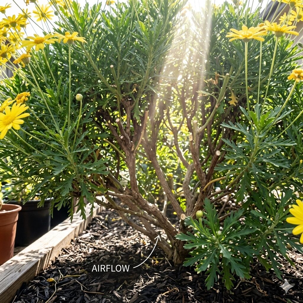 ユリオプスデージー 強剪定時期5　大株のユリオプスデージーを段階的に切り戻す第一次剪定後の風通しが良い状態