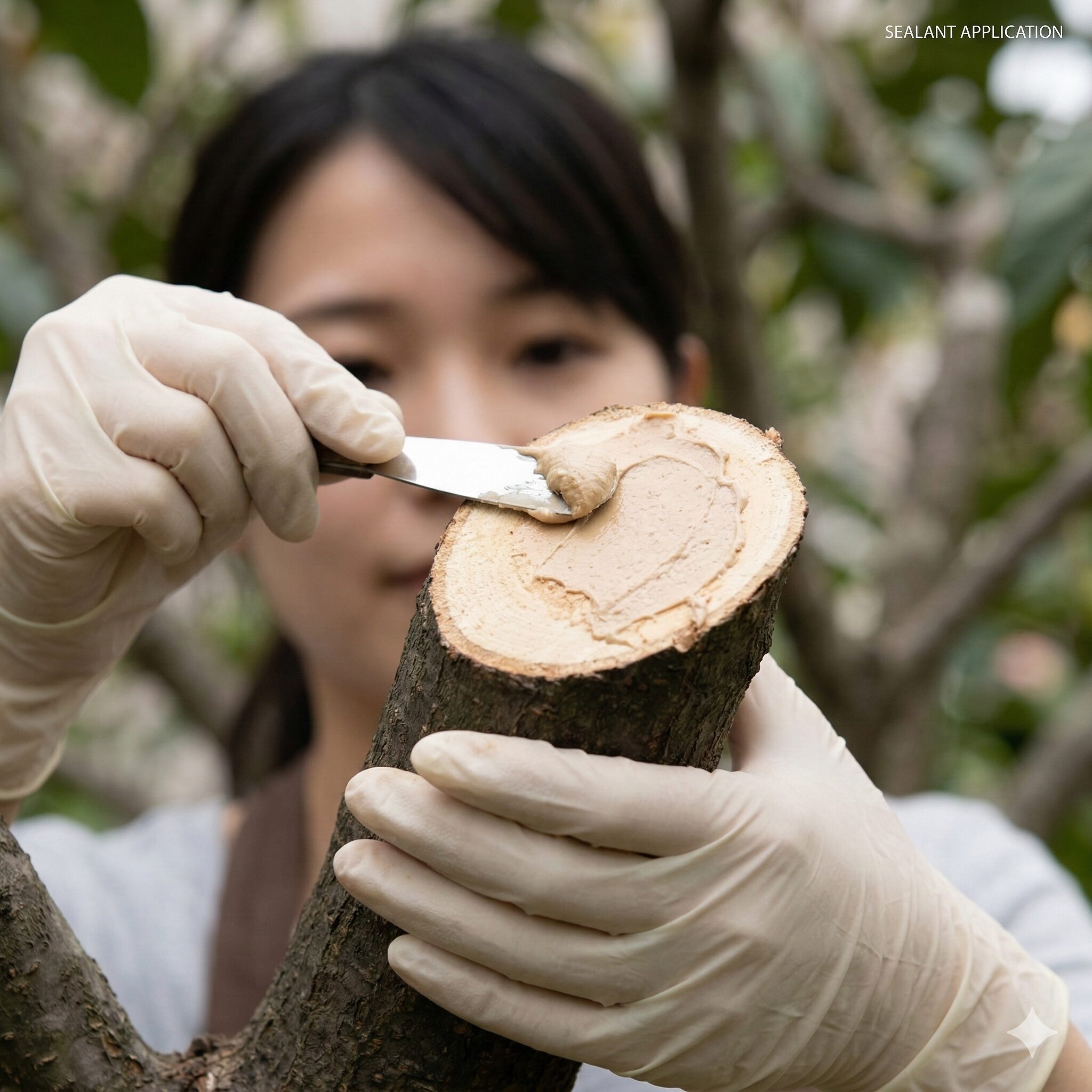 ユリオプスデージー 強剪定時期6　剪定後のユリオプスデージーの太い切り口に癒合剤を塗って病気を予防する様子