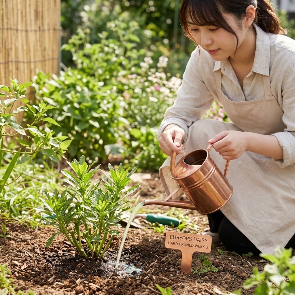 ユリオプスデージー 強剪定時期8　強剪定後の新芽が動き出したユリオプスデージーに追肥を行うタイミングの解説