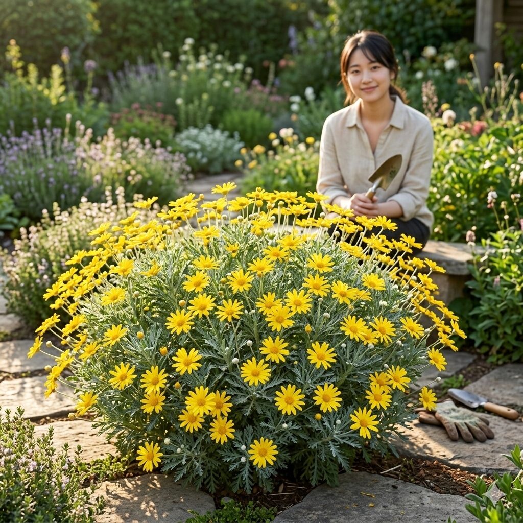 ユリオプスデージー 挿し木1　満開の花とシルバーグリーンの葉が美しい庭植えのユリオプスデージー