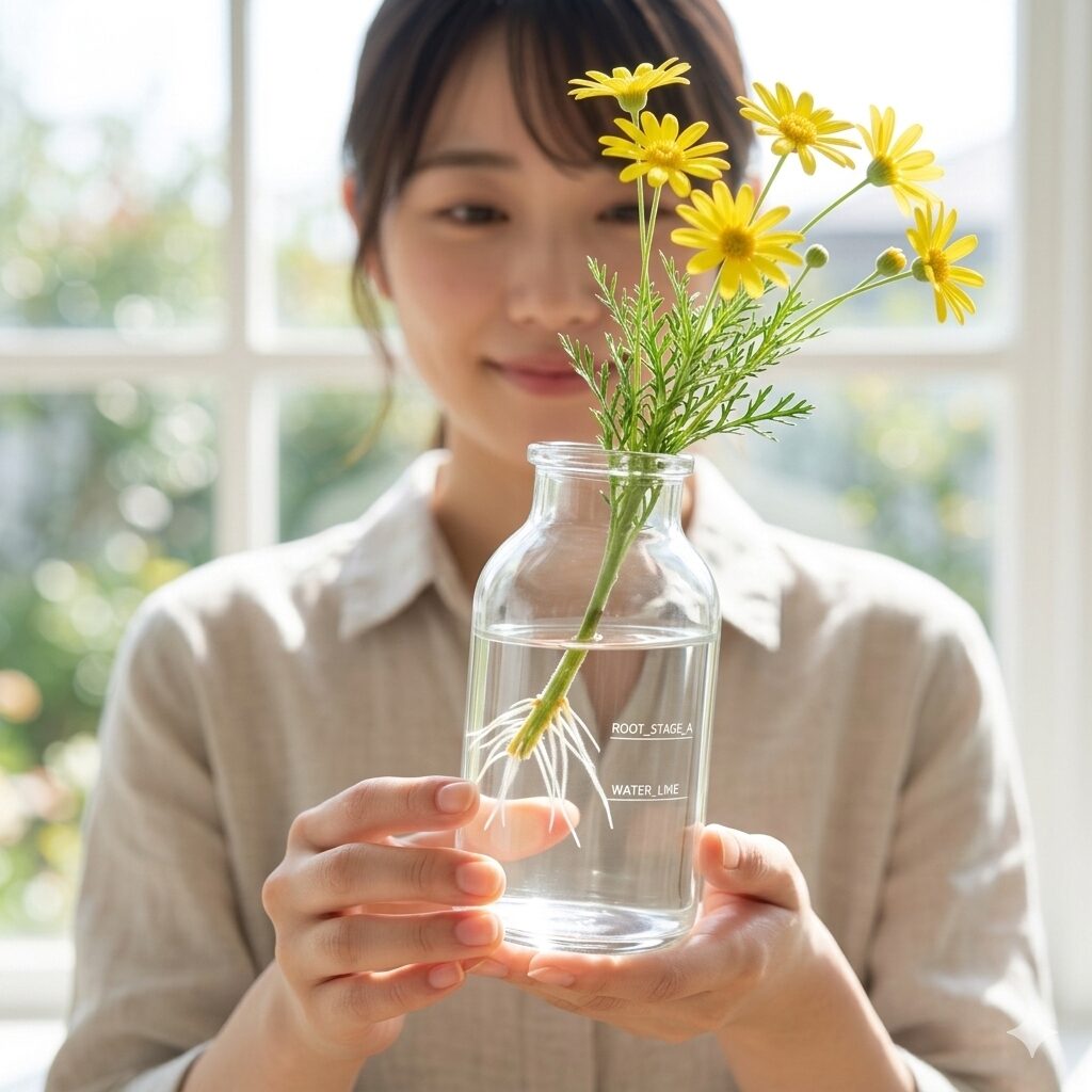 ユリオプスデージー 挿し木10　ガラス容器での水差しにより白く健康な根が出たユリオプスデージーの枝
