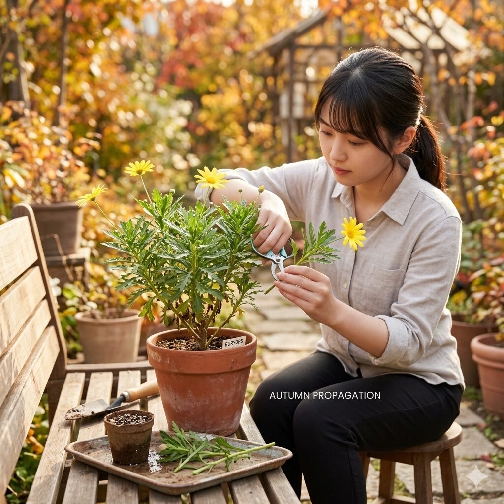 ユリオプスデージー 挿し木3　秋の成長期にユリオプスデージーの株を点検し挿し木の準備を行うガーデナー