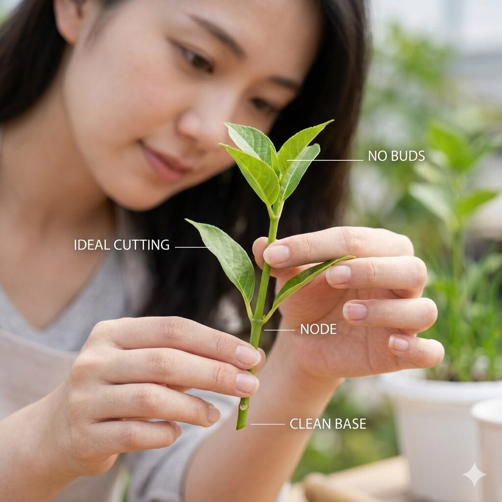 ユリオプスデージー 挿し木4　挿し木に最適な花芽のない若いユリオプスデージーの枝（挿し穂）