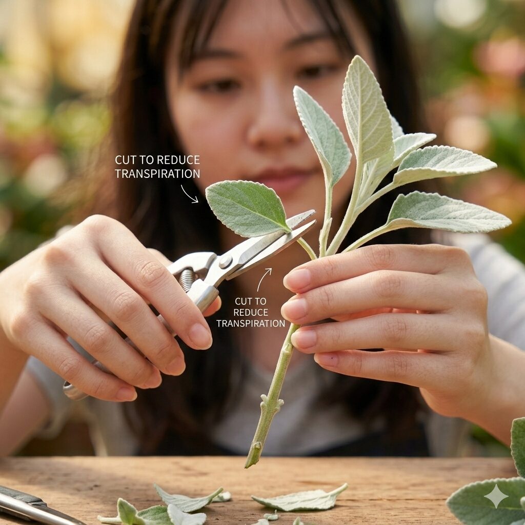 ユリオプスデージー 挿し木5　蒸散を防ぐためにユリオプスデージーの葉を半分にカットする調整工程