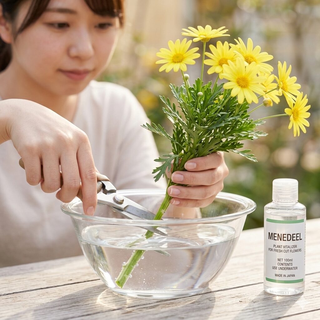 ユリオプスデージー 挿し木7　水中での斜め切り（水切り）とメネデールを使用した水揚げ作業