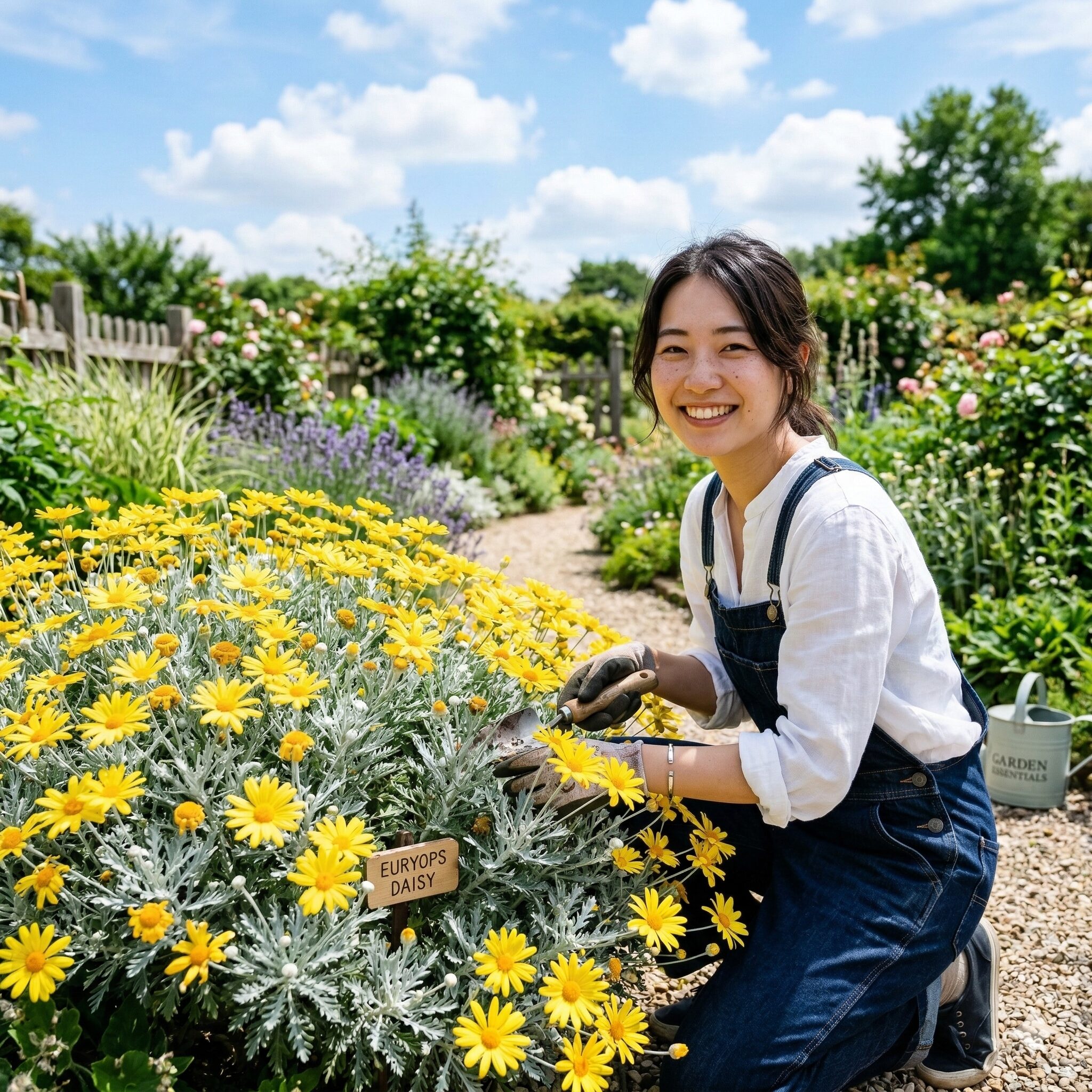 ユリオプスデージー 木質化1　満開の黄色い花とシルバーリーフが美しい、健康的なユリオプスデージーの全体像