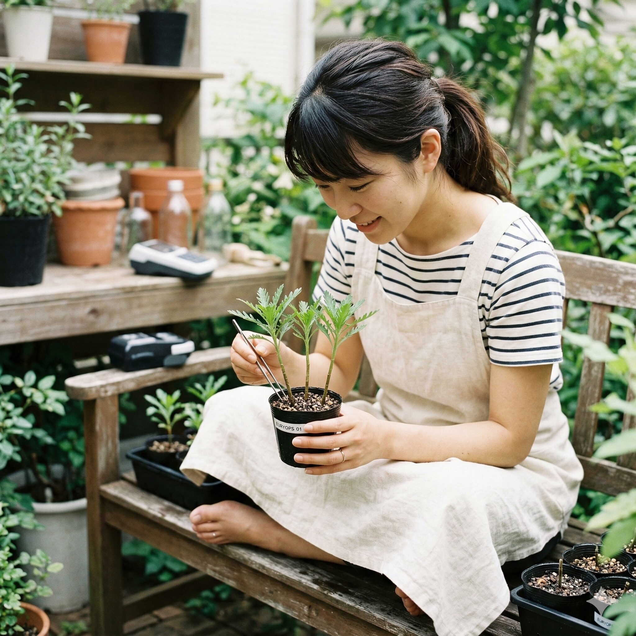 ユリオプスデージー 木質化10　世代交代のためにポットに挿されたユリオプスデージーの瑞々しい挿し木苗