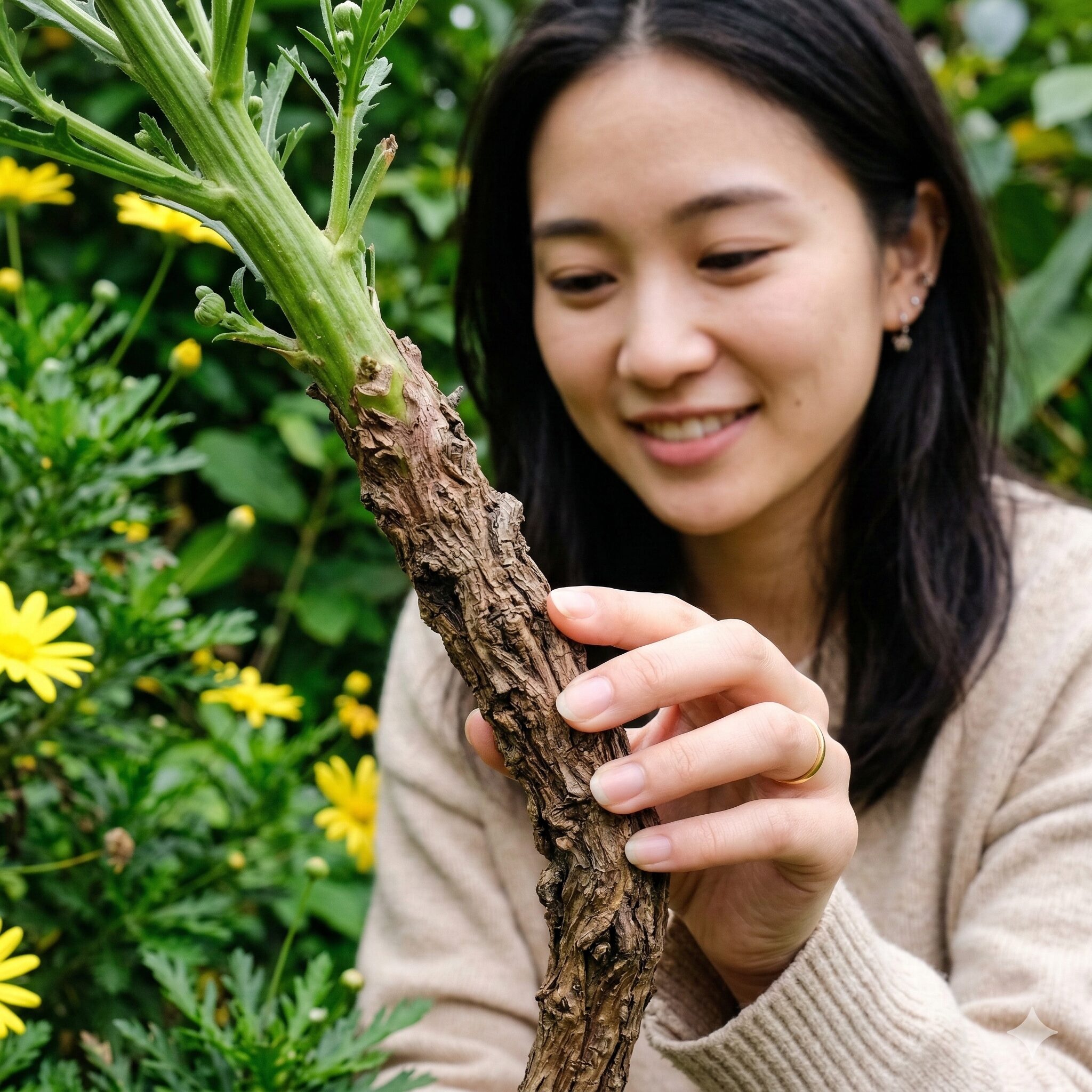 ユリオプスデージー 木質化2　ユリオプスデージーの茎が緑色から茶色の樹皮状へと変化する木質化のクローズアップ
