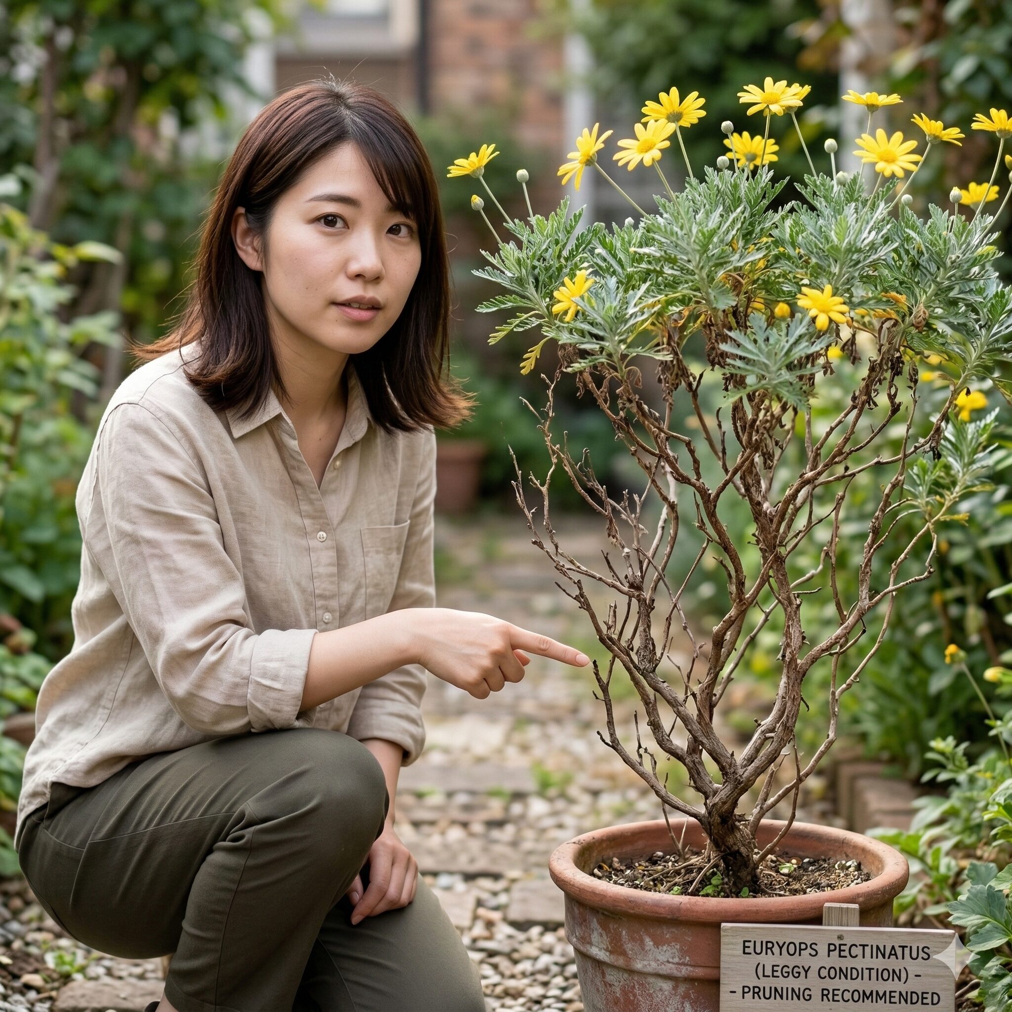 ユリオプスデージー 木質化3　下葉が枯れ落ちて株元の枝が露出したユリオプスデージーの足上がり現象