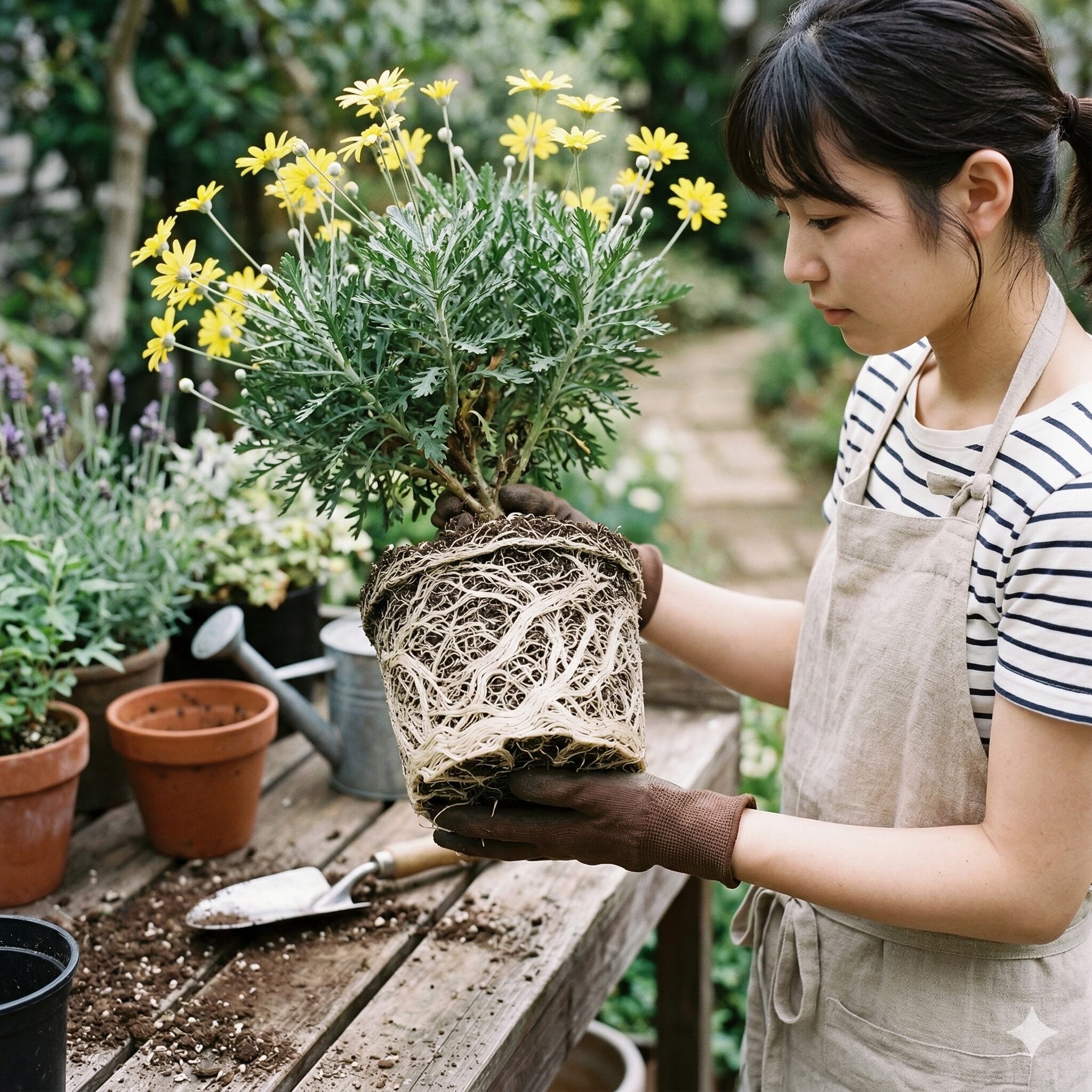ユリオプスデージー 木質化4　鉢の中で根が旋回してパンパンに詰まったユリオプスデージーの根詰まり状態