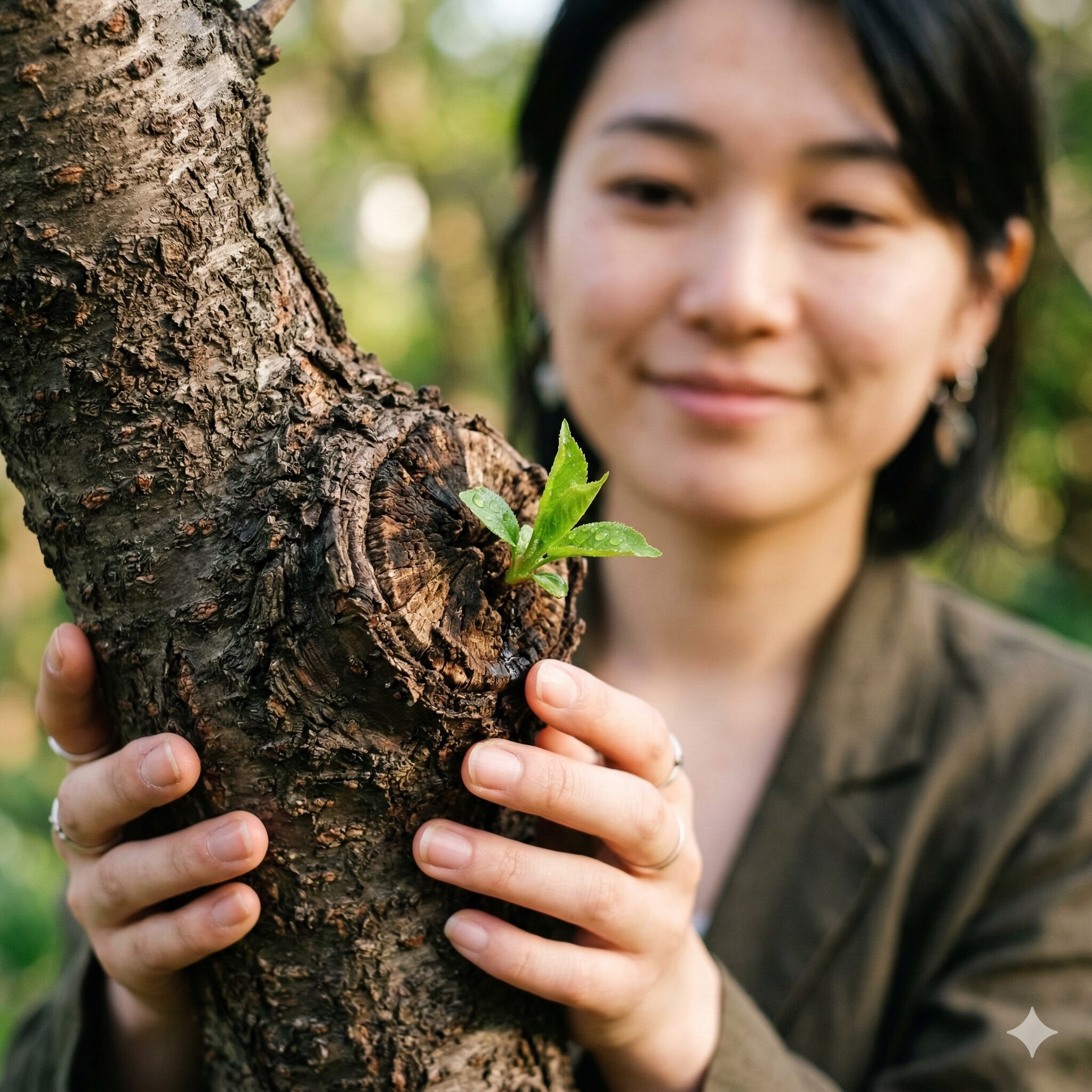 ユリオプスデージー 木質化5　木質化した茶色い枝の節から吹き出したユリオプスデージーの小さな新芽